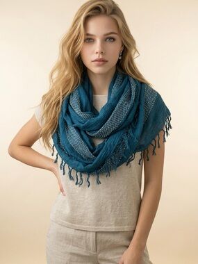 Versatile Teal Blue Fringe Wrap Infinity Scarf for Women